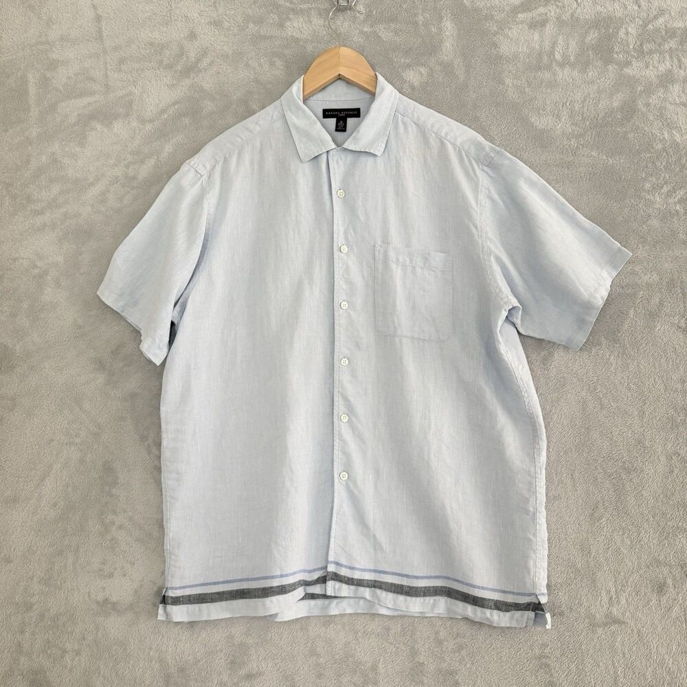 Banana Republic 100% Linen Shirt Mens M Blue Short Sleeve Button Down